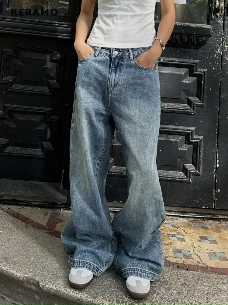 Vintage Aesthetic Emo Loose Washed Pants Summer Womens Casual Blue Harajuku Jeans Y2K Wide Leg Punk Baggy Denim Trouser 241218