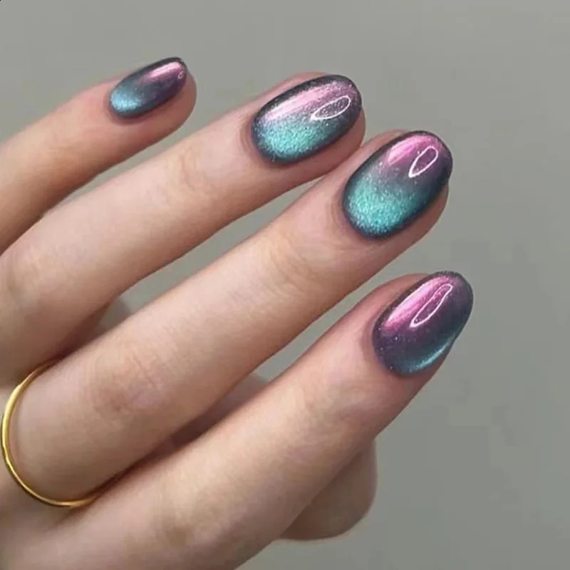 24Pcs Solid Color Grey Almond Fake Nail Cats Eye Wearable Round Head False Nails with Shiny Powder Press on Nails 241223