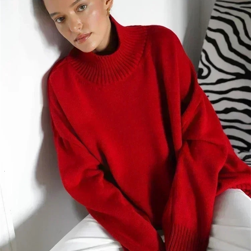 Womens Turtleneck Sweater Large Winter Vintage Knitted Red with Pulling Flowers Soft Grey Warm 2024 y241211