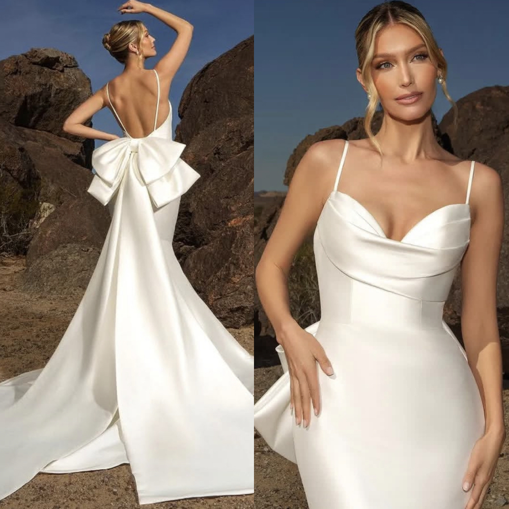 Spaghetti Backless Mermaid Wedding Dresses With Bow Back Simple Boho Beach Long Satin Bridal Gown 2025 Ivory White Vestido De Novia