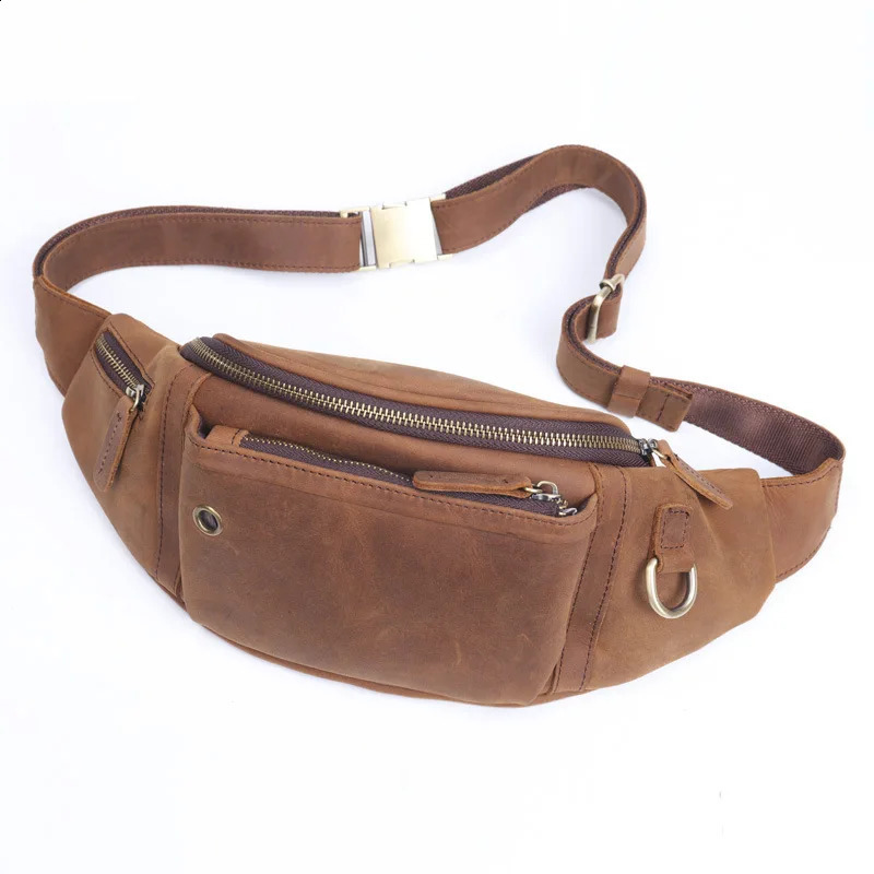 Crazy Horse Leather Men Baotou Layer Cowhide Mobile Phone Fanny Pack Large Capacity Sports Diagonal Chest Bag Mens Leather 241223