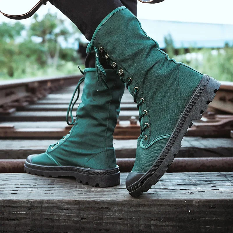 2025 New Men's High-end Canvas Mid Calf Canvas Lace Up Tactical High Top Sports Shoes Military Boots Jungle Hiking Shoes Men's Style
