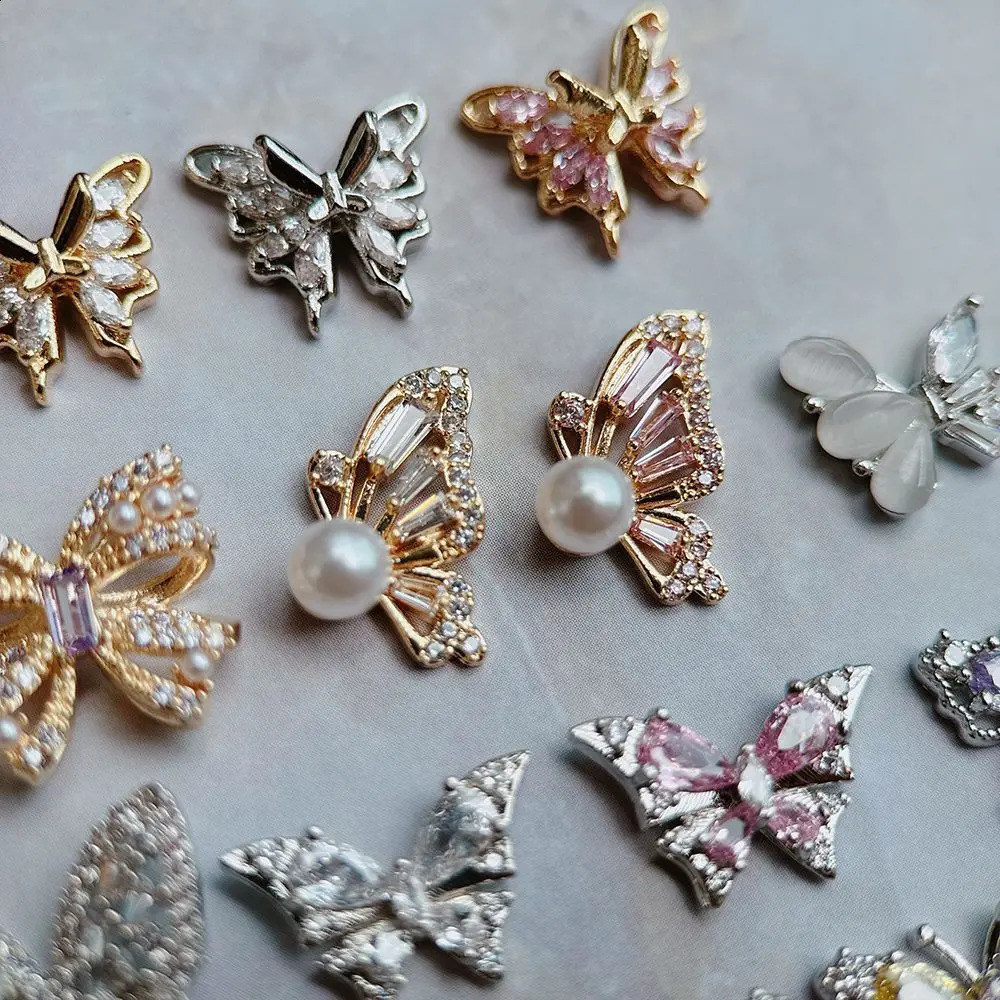 10pcs/lot Large Pink Butterfly Zircon Crystals Metal Nails Jewelry Decorations Nail Art Accessories Charms Parts Supplies 241220