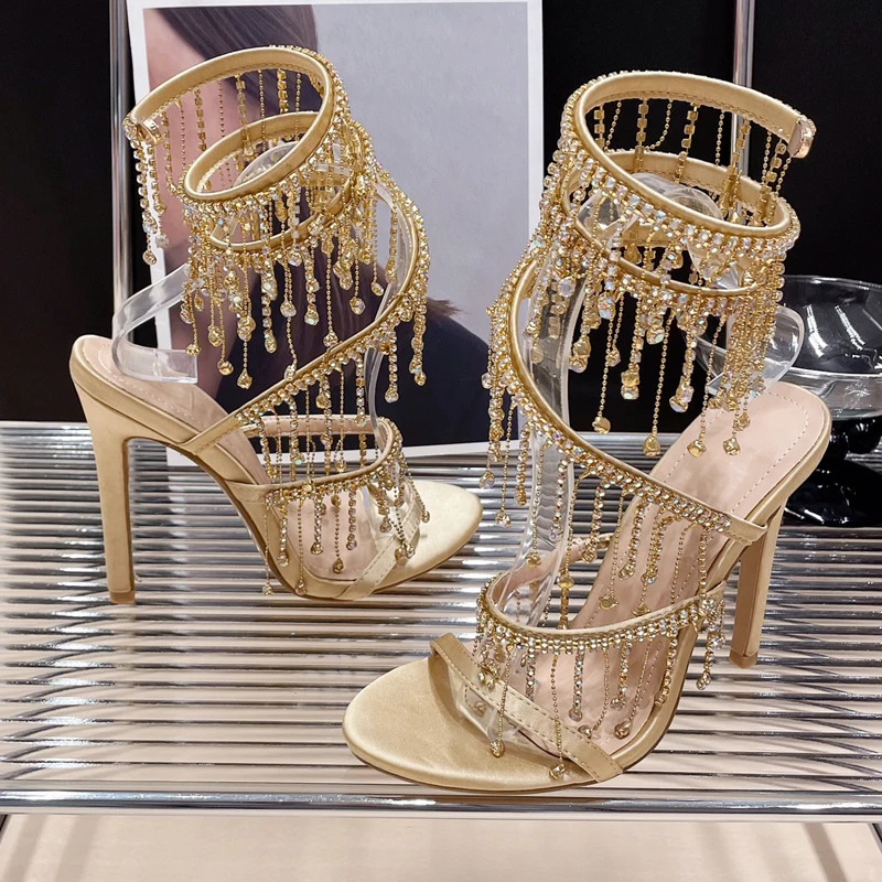 Eilyken Golden Crystal Womens Sandals Fashion String Bead Nightclub Stiletto Heel Wrap Strap Peep Toe Summer Shoes 241213