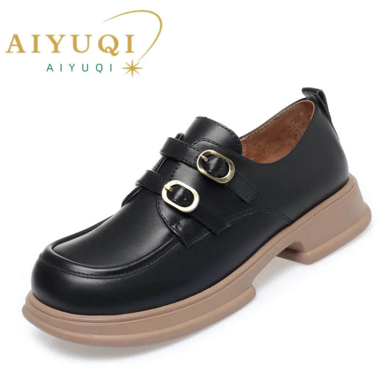 AIYUQI Loafer Shoes Women British Style Double Buckle Platform Women Spring Shoes Fashion Genuine Leather Women's Shoes