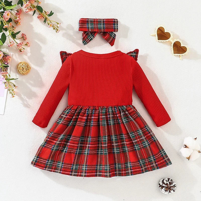 Dress For Kids 3 Months - 3 Years old Birthday Long Sleeve Christmas Red Grid Princess Formal Dresses Ootd For Baby Girl 241223