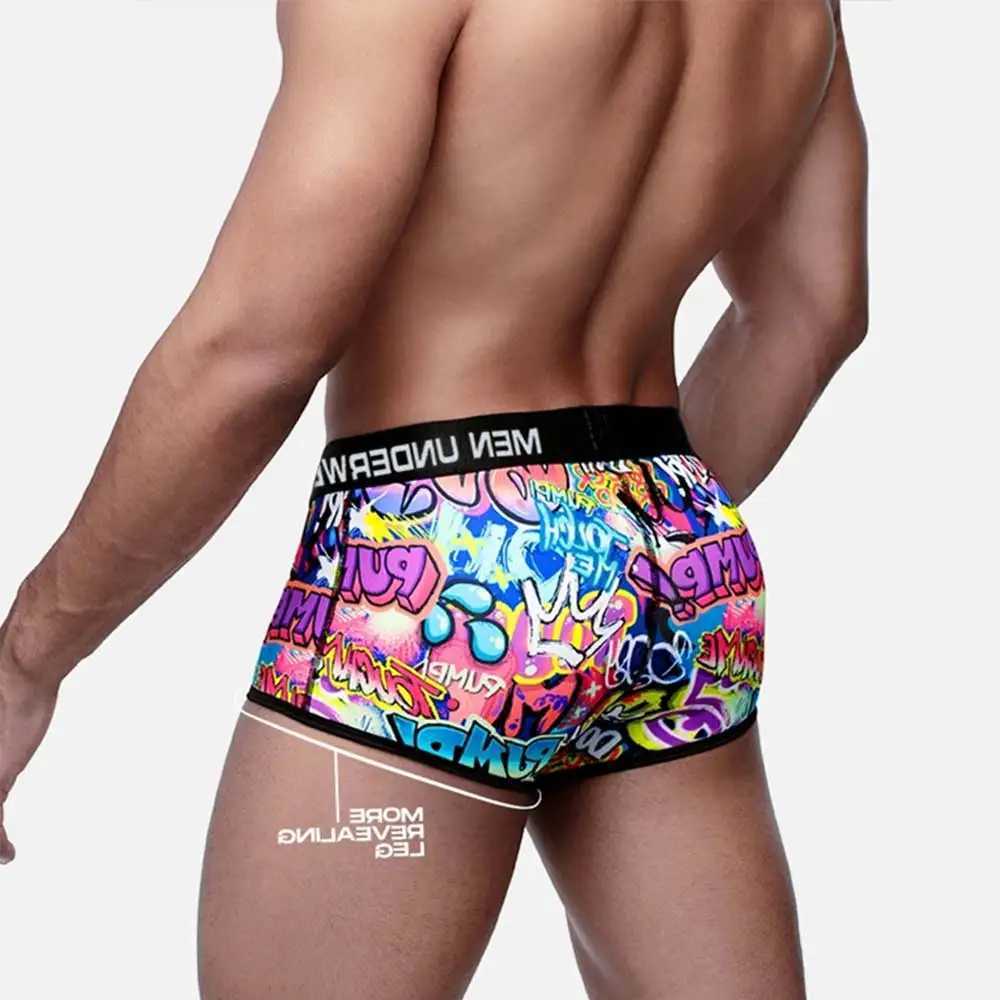 Mens sexy underwear fabric cotton soft underwear boxing graffiti underwear Jockstrap thong mens underwear shorts W241223