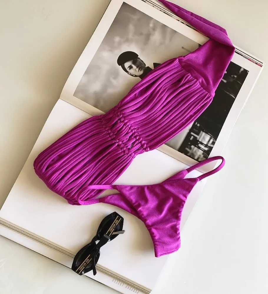 2024 New Bandage Stripe Brazilian Bikini Swimwear Womens Braided Rope Swimsuit Tube Top Female Sexy Mujer Beachwear SummerXJ241223