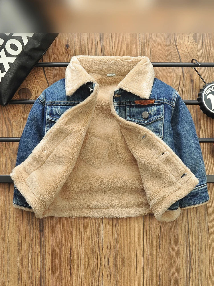2-8 Years Old Kids Boy Denim Jackets Velvet Warm Coat Autumn Winter Lapel Fleece Lining Jean Coats Boys Outerwear 241223