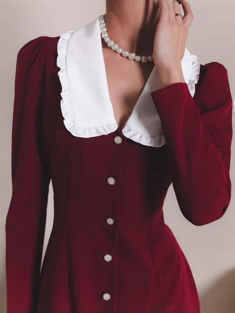 L94338 Spring Fashion French Baby Collar Puff Sleeve Button-up Contrast Color Slim Fit Hip Dress