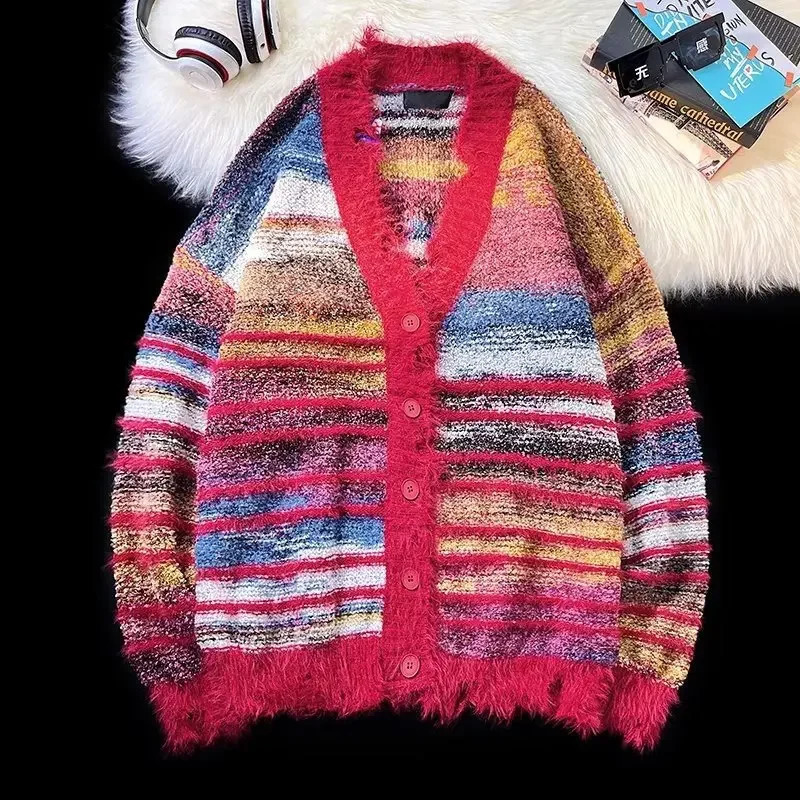 Vintage Rainbow Color Blocking Sweater Knitted Top Cardigan Loose Fit Casual Niche Situation Trendy American Style Idle Style i241223