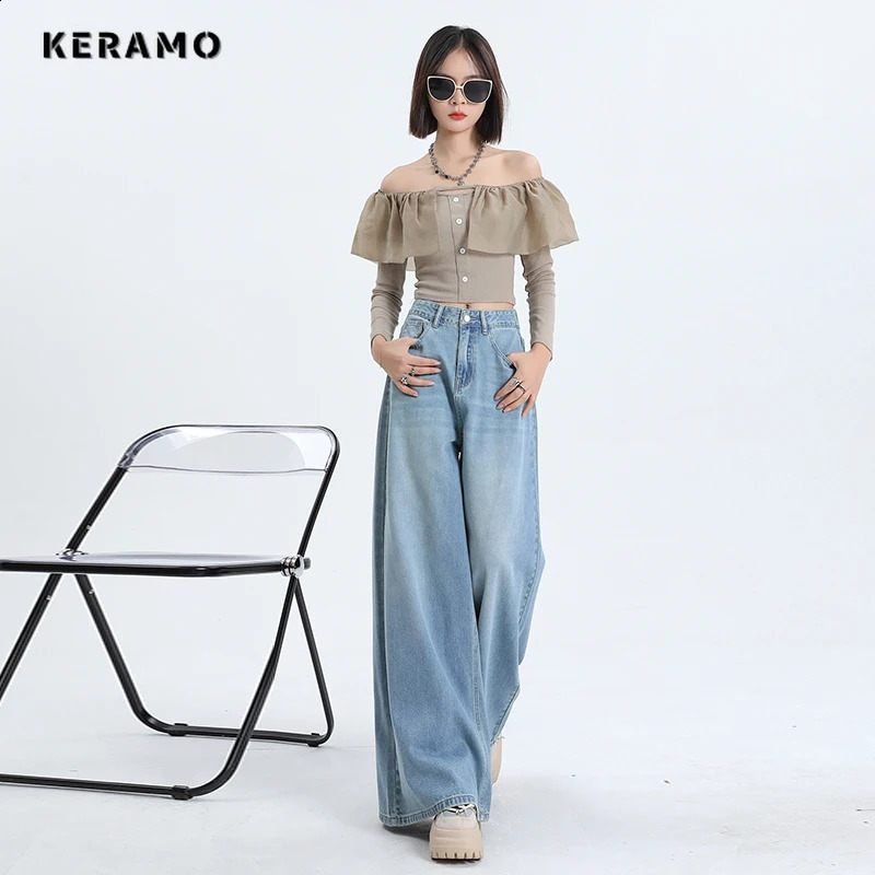 American Retro High Waist Oversized Jeans Pants For Women Casual Baggy Y2K Wide Leg Grunge Streetwear Blue Denim Trouser 241218