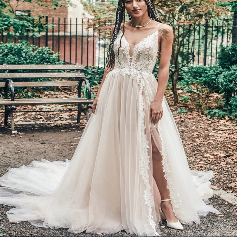 Gatsby Boho Wedding Dresses With High Slit A Line Tulle Appliques Lace Bohemian Bridal Gowns Sexy Backless Celtic Country Bride Dress Robe De Mariage 