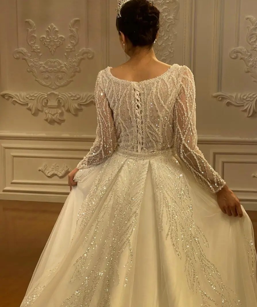 Sale Hot Mermaid Wedding Dresses With Detachable Train V Neck Beaded Pearls Embroidery Bridal Bride Gown Arabic Dubai Vestidos Noiva Robe De Mariee es