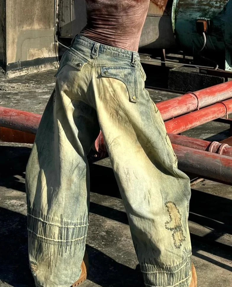 American Heavy Industry Large Production Jeans Large Size Washed Distressed Machete Straight Pant Harajuku Street Loose Overalls 241223