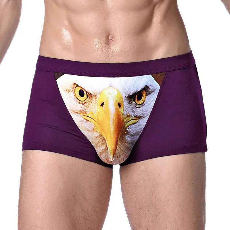 Mens unique 3D printed wolf eagle head flat corner pants mid waist boxing shorts breathable knitted molded fabric W241223
