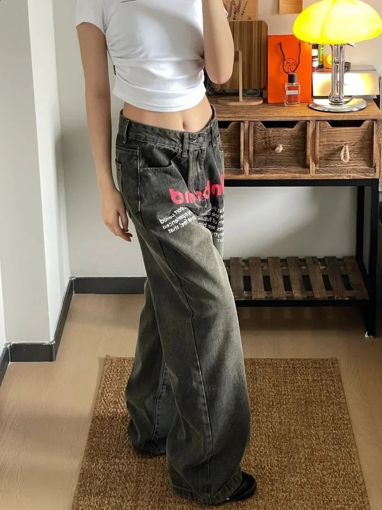 HOUZHOU Y2k Vintage Baggy Jeans Youthful Woman High S Denim Pants Korean Streetwear Oversized Trouser Spring Letter Print 241223