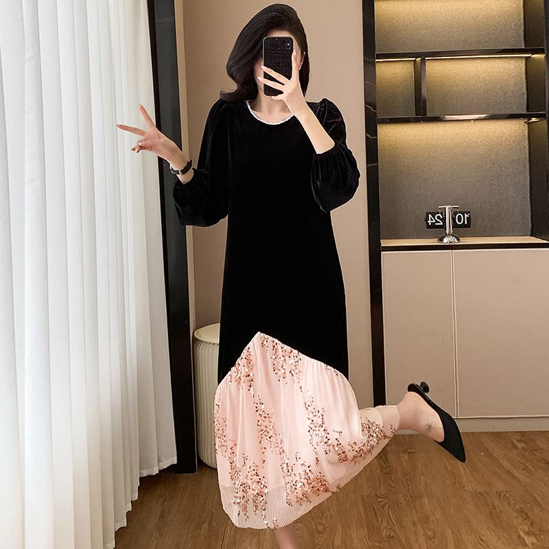 G1127 Autumn and winter base velvet dress Starry Galaxy shiny splicing velvet large size dress for women