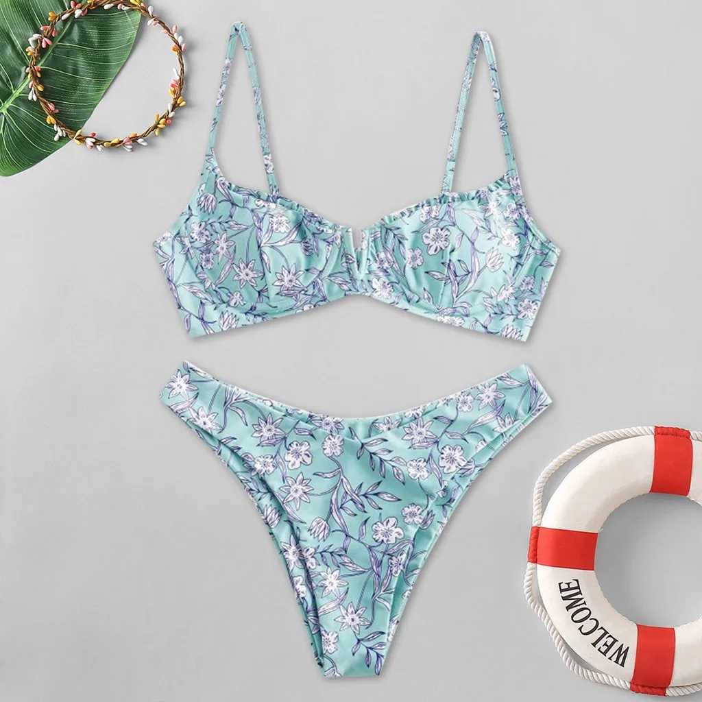 Beach Swimsuits Women Floral Printed Bikinis Set Push Up Bra Split Tankinis Set Summer 2pcs Sexy Bikinis Female Boho BeachwearXJ241223