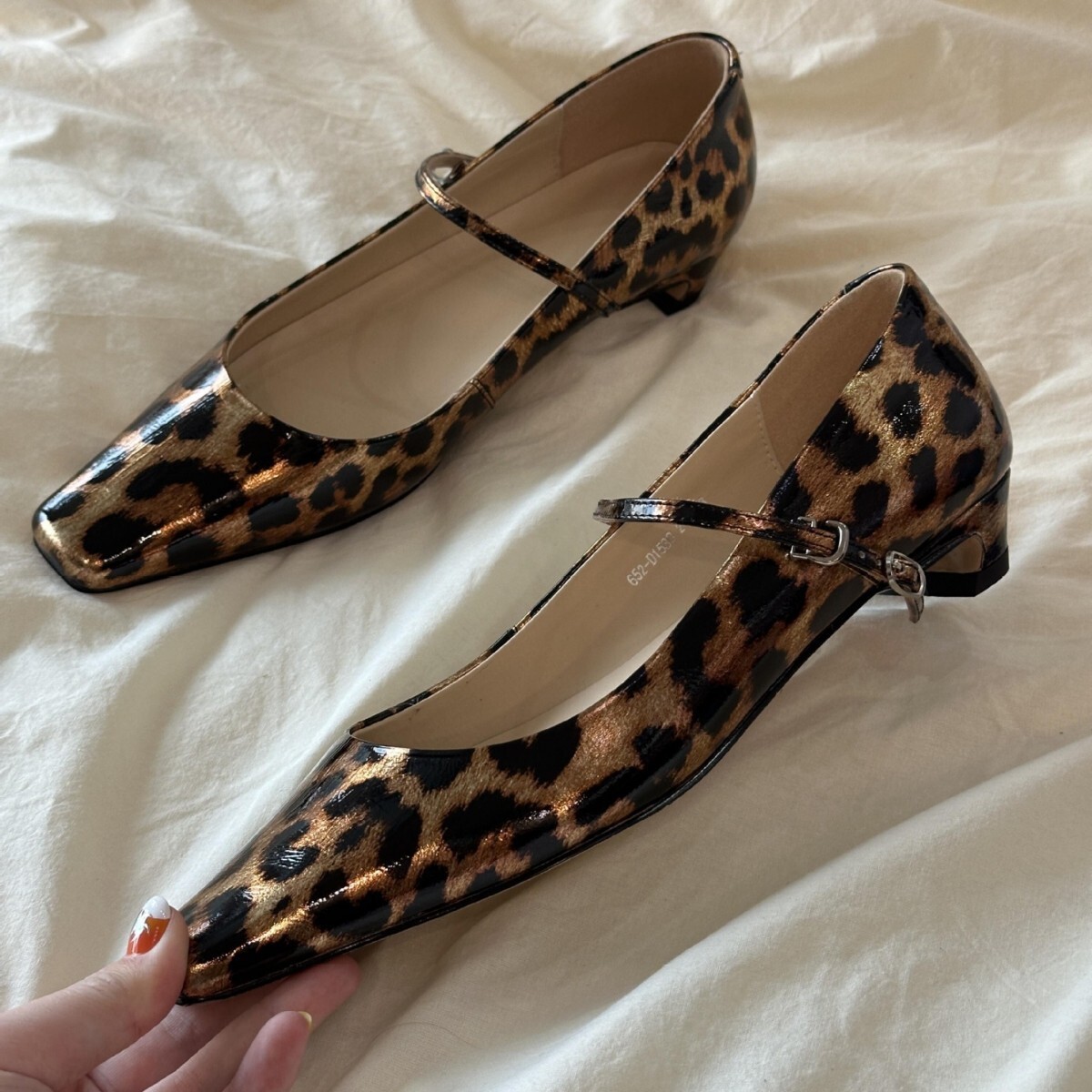 Sheepskin Edition~Autumn New Square Head Leopard Pattern Strap Mary Jane Women's Thick Heel Leather Single Shoes Women