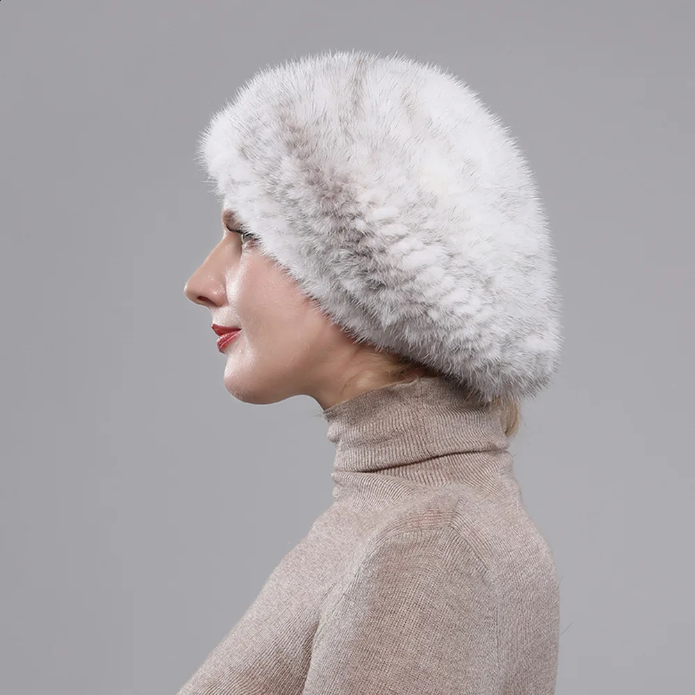 Real Mink Fur Berets Elegant Womens Winter Caps n Fashion Fur Hats Knitted Warm Natural Mink Fur Beanies Hat 241214