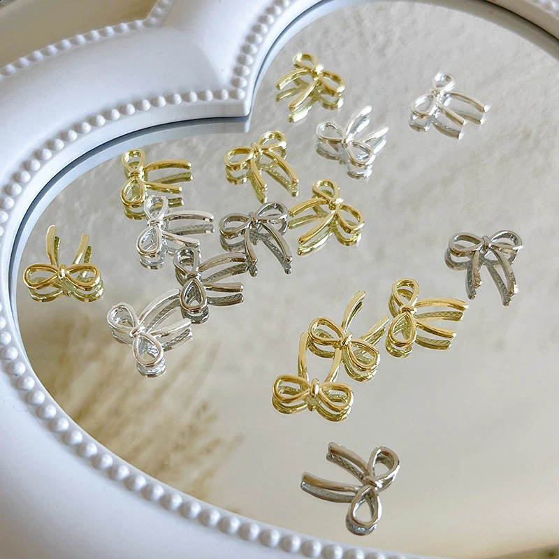 10pcs Bow Deco Nail Art Charm 3D SilverGold Bowknot Ribbon Nail Decor Parts DIY Manicure Accessories 241223