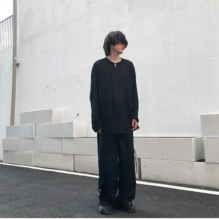 Hip hop high street men and women trendy personality simple round neck long sleeved couple loose retro casual T-shirt base top 241223