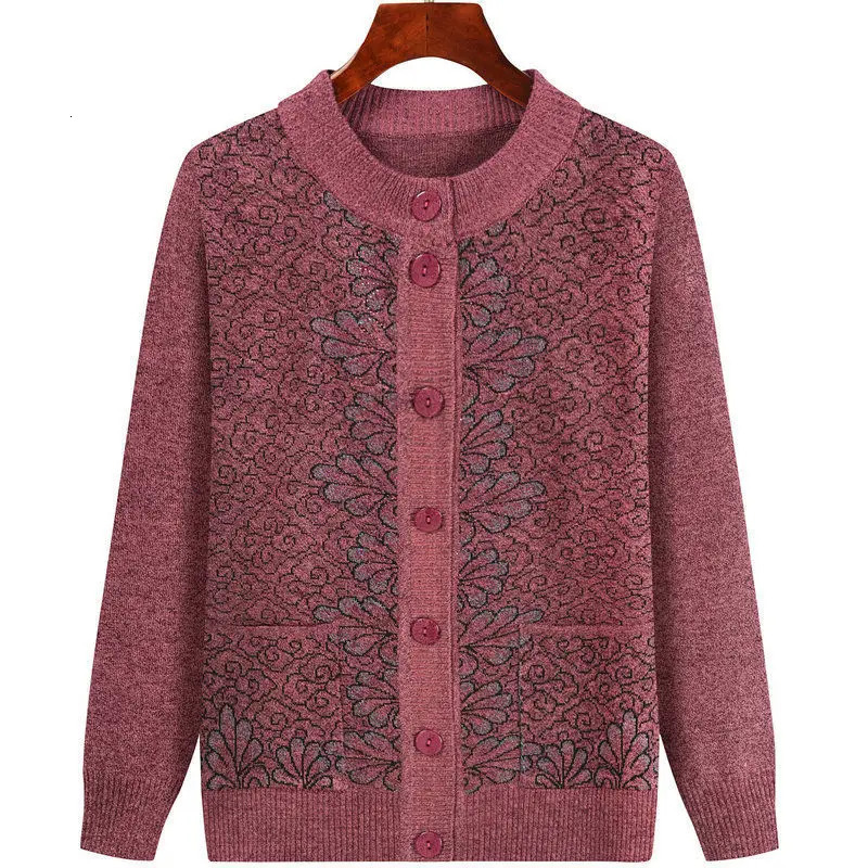 Middleaged Grandma Autumn knitting cardigan jacket Fashion Loose Longsleeve Pocket Sweater Coat Singlebreasted Warm Outwear 241220