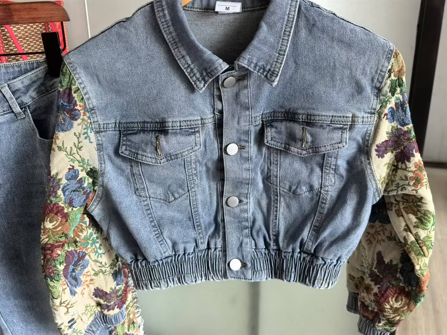 Cm.Yaya Denim Women's Ral Patchwork Full Sleeve Button Fly Jacket And Ripped Jeans Pants Suit 2024 Two 2 Piece Set Outfit