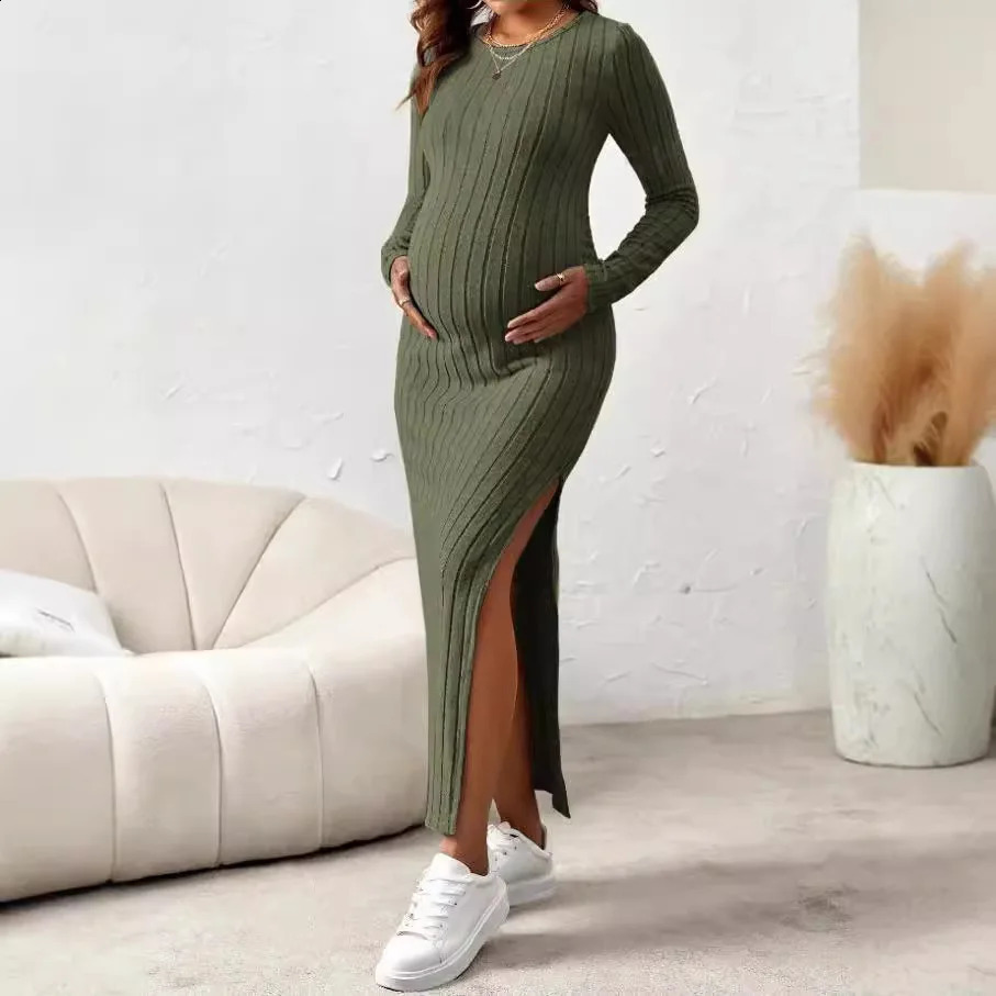 Side Splits A Line Slim Knitted Dress Maternity Autumn Winter American Casual Long Sleeve Clothes for Pregnant Women Pregnancy 241223