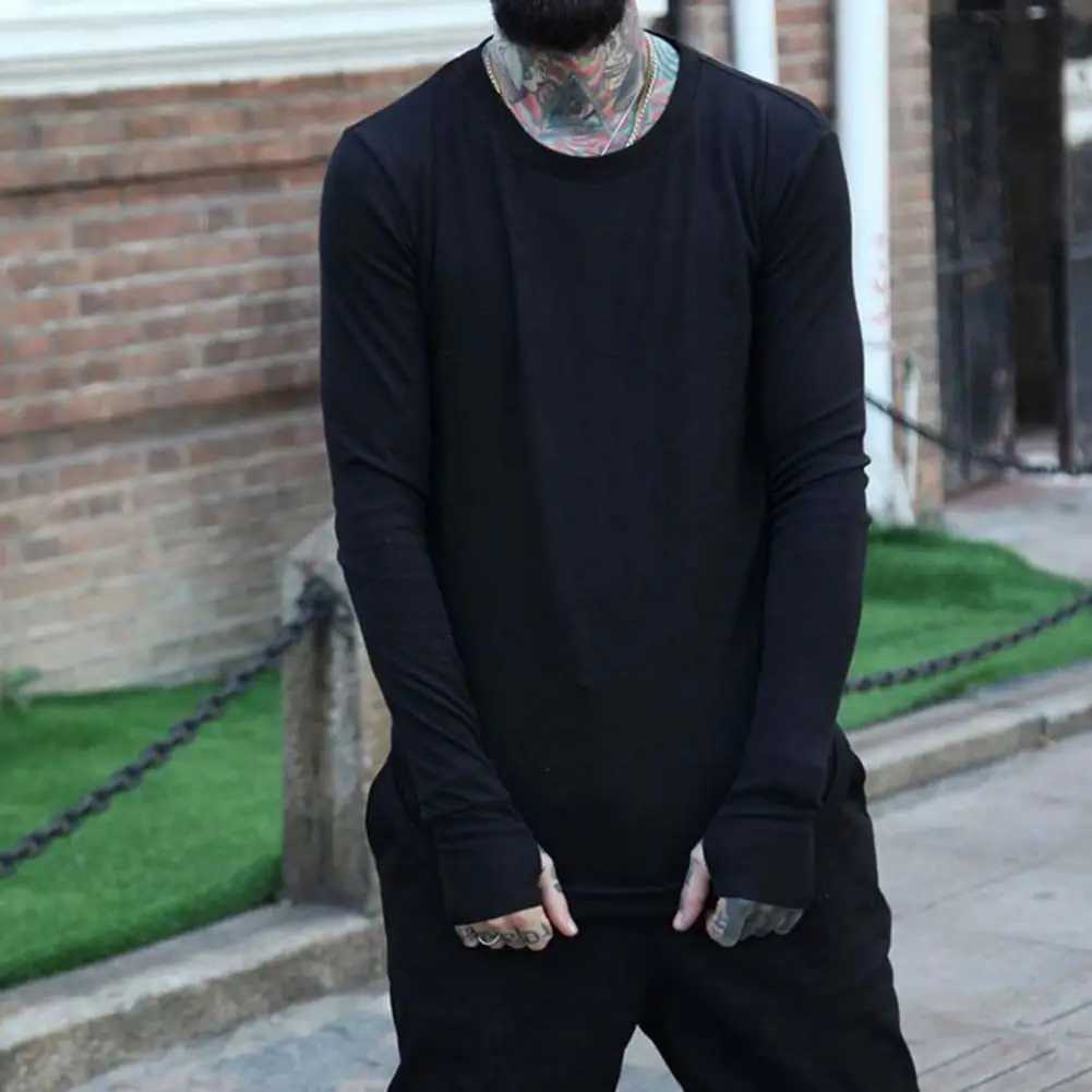 Casual mens top mens spring T-shirt long sleeves round neck soft warm thumb hole mens T-shirt M241223
