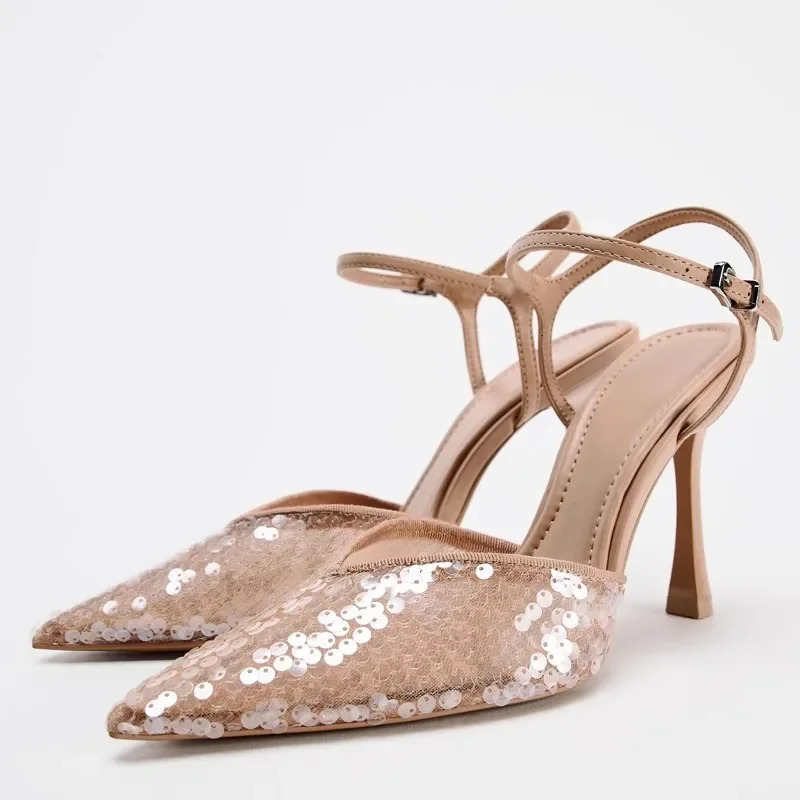 Mesh Thin high Heeled Sandal Sexy Pointed Toe Bling Pumps Beige Open Heel Ankle Strap Wedding Party Shoes 241213