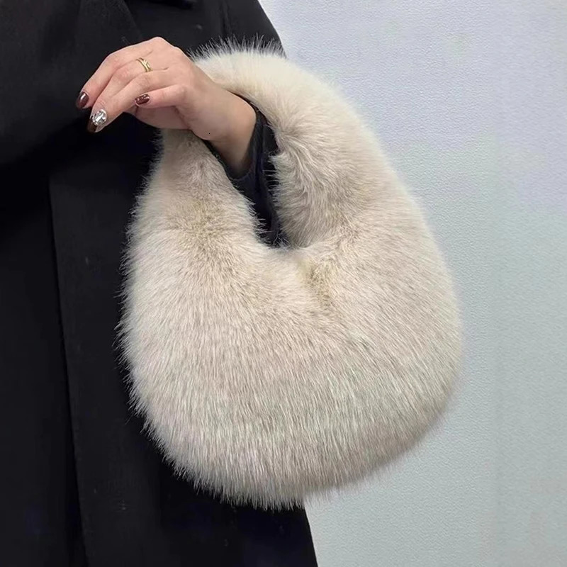 Fashion Soft Plush Half Moon Bags for Women Fluffy Faux Fur Lady Handbags Small Tote Female Winter Purses 241213