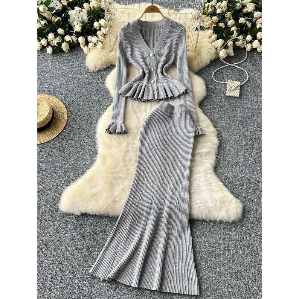Dress Skirt Set French Elegant Knitted Two Piece Sets Women Ruffle V-Neck Long Sleeve Sweater Top High Waisted Midi Fishtail Skirt Vintage Suits