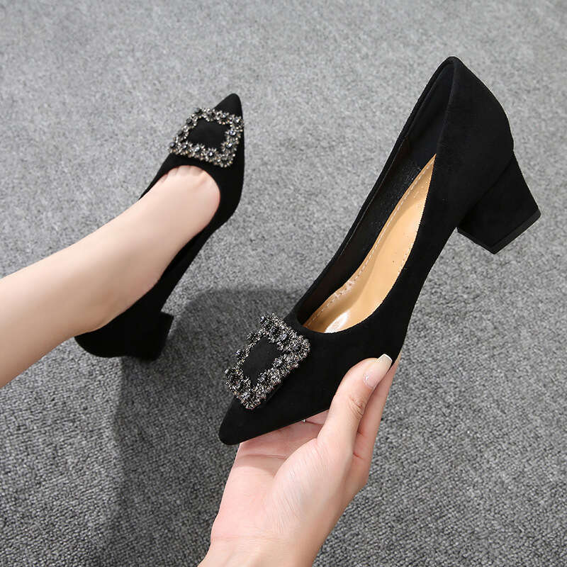 Water Diamond Single For Women, Summer 2021 New Mid Work Spring And Autumn Pointed Black Thick Heel Square Buckle Shoes