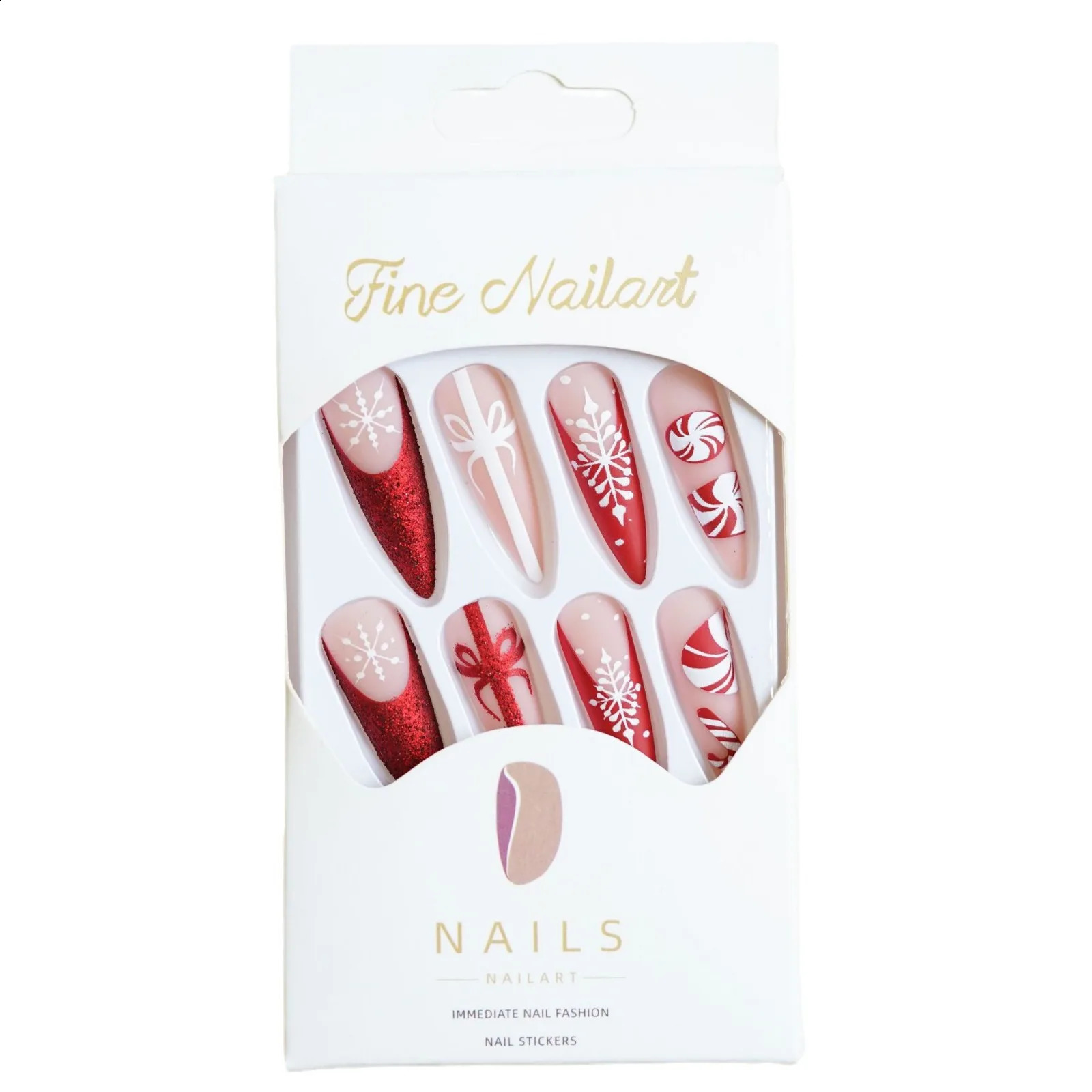 24pcs Christmas Fake Nails Long Stiletto Press On Acrylic Nails Almond Glitter Red French False Nails White Snowflake Wearable 241223