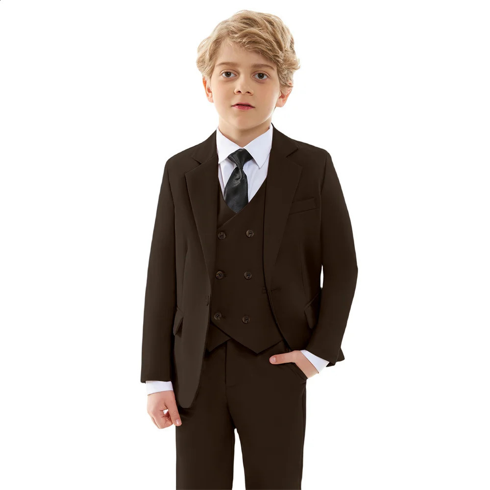 Boys Brown Suit Set Spring Autumn Children Host Performance Wedding Birthday Party Costume Kids Blazer Pants Bowtie Clothes 241223