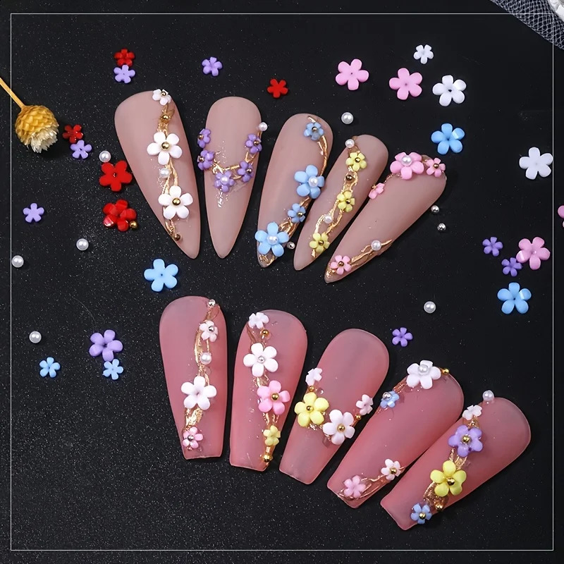 3D Flower Nail Arts Charms With Silver Gold Beads Cute Five Petal Flower Ornaments Nail Gems Acrylic Resin Flower for Nail Art 241223