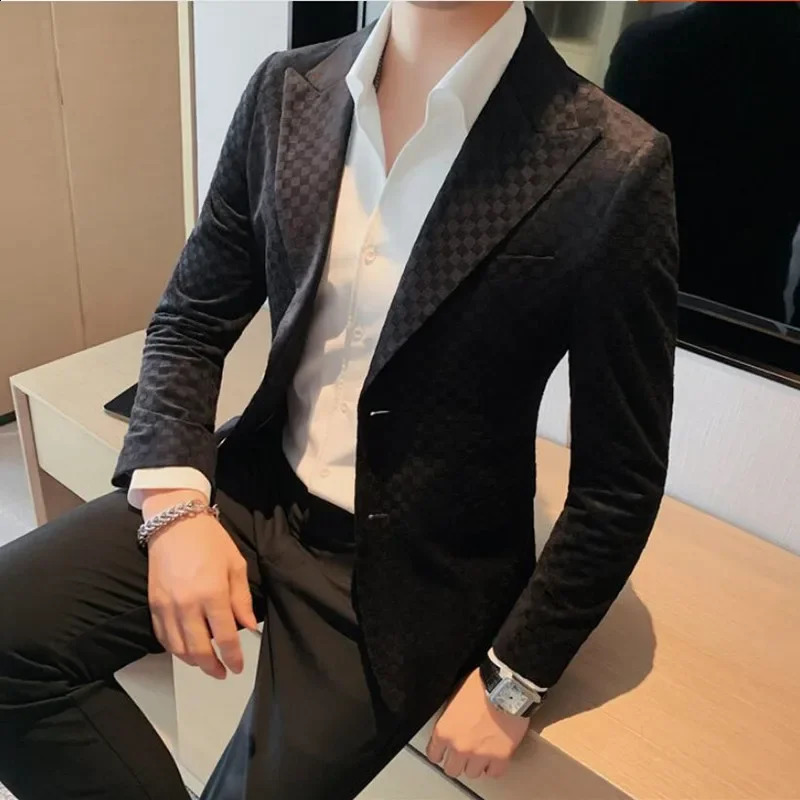 Man Slim Fit Plaid Office Blazer Men Fashion Suit Jackets Wedding Dress Coats Casual Business Mans Jacket 241218