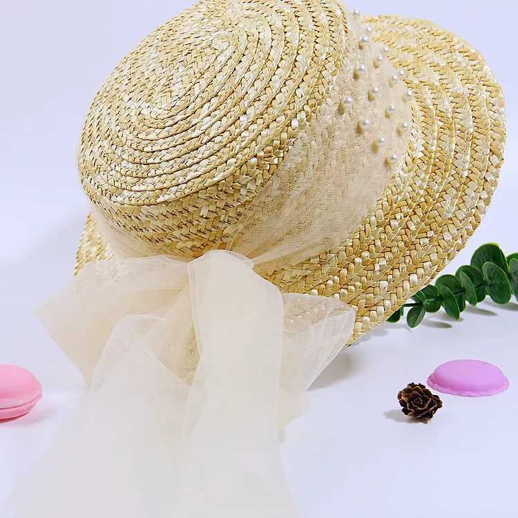 Caps Hats Elegant and fashionable mother daughter Sunhats lace mesh pearl hat outdoor beach Sunprotection summer straw hat for adults and girls H24122