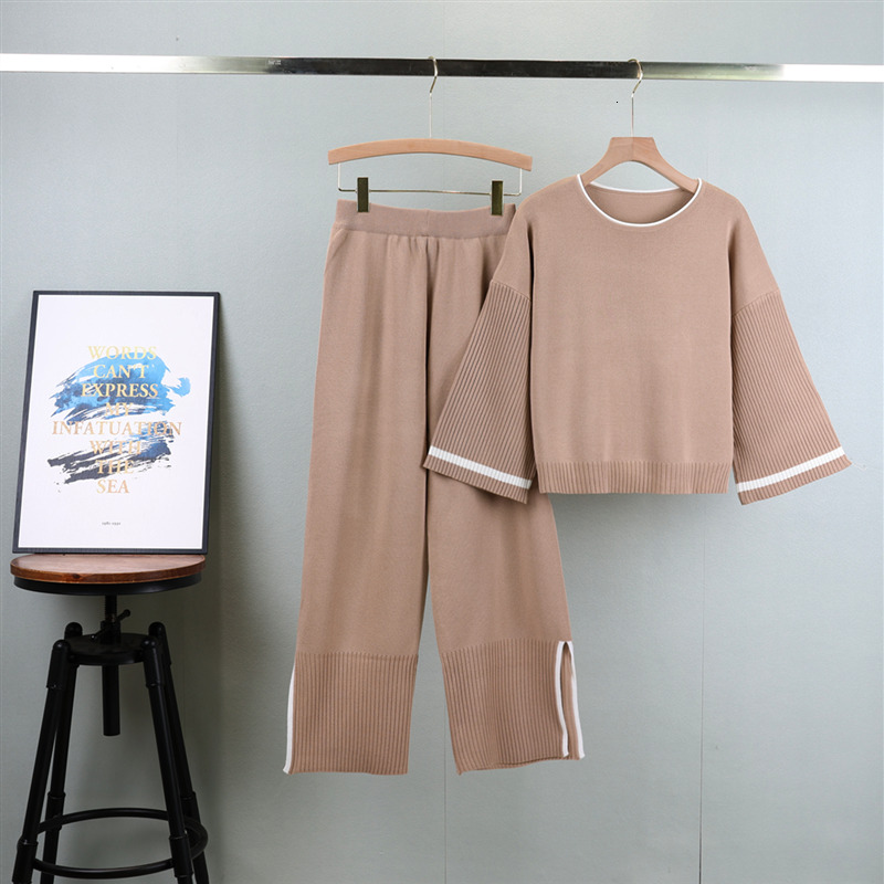 Women Pullovers Pant Set Casual Sweater Suits Knitted Loose Elegance Long Sleeve Tops Autumn Winter Elastic