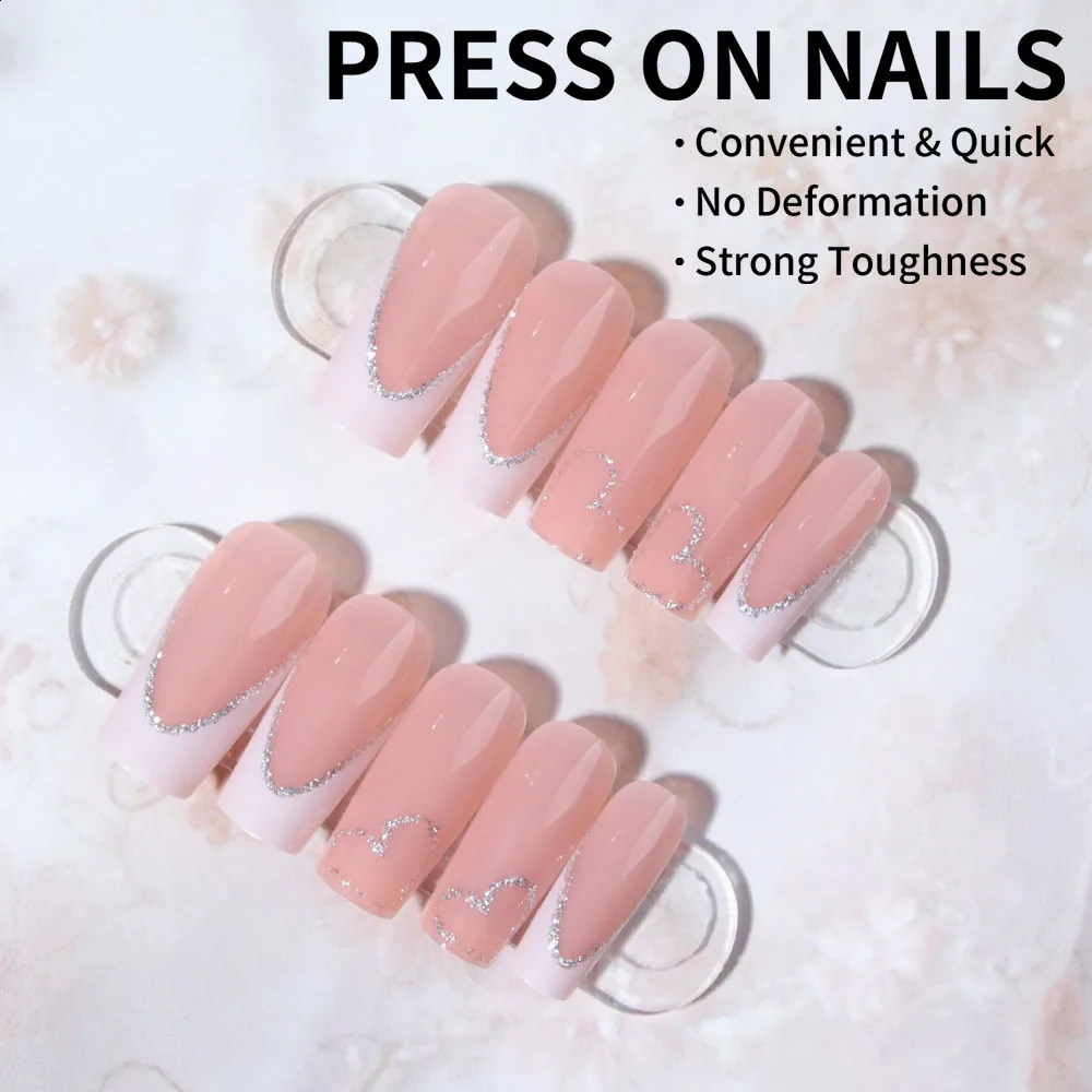 24pcs French long false nail square glitter love U-shaped press on nails detachable reusable suitable for women 241223