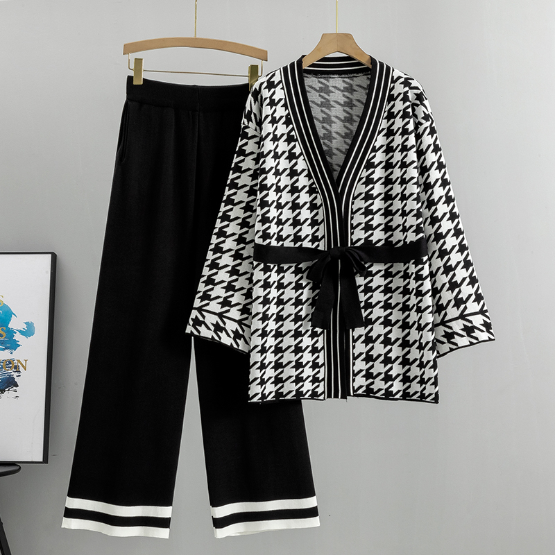 Winter Casual Two Pieces Suits Long Sleeve Cardigan Coat+ Wide Leg Pant Female Loose Sweater Sets Knitted Tracksuit