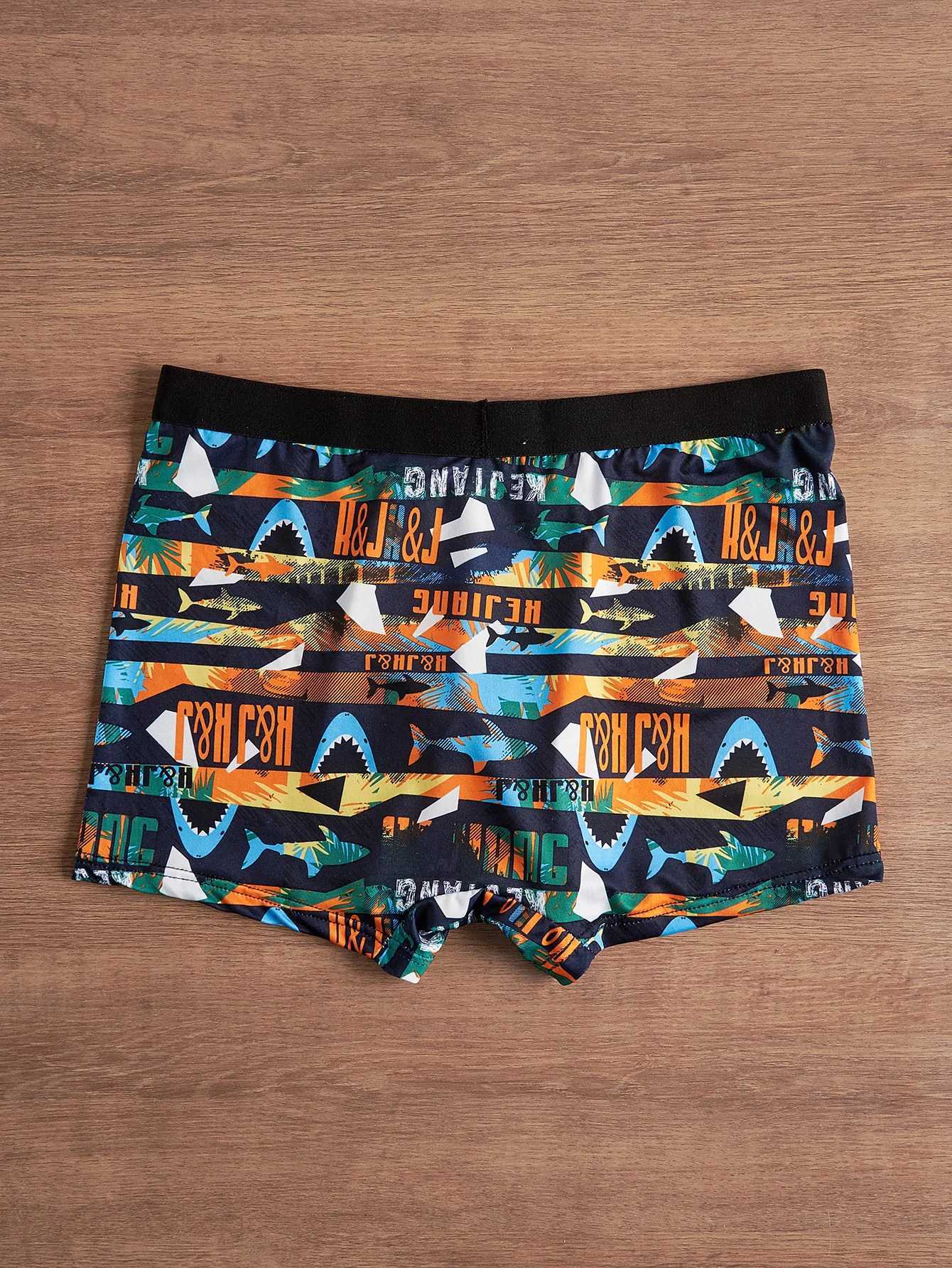4 packs of shark print mens intimate casual boxing shorts breathable and comfortable elastic boxing shorts sports shorts W241223