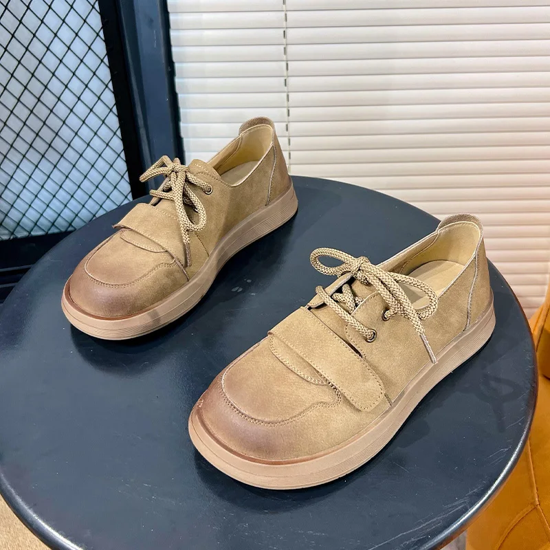 AIYUQI Women's Loafers Genuine Leather Spring Vintage Women Flats Lace-up British-style Casual Shoes Women