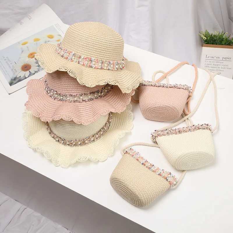 Caps Hats Summer Childrens Straw Hat Set Princess Lace Sun Hat Sweet Childrens Shoulder Bag Travel Sunscreen Hat H241223