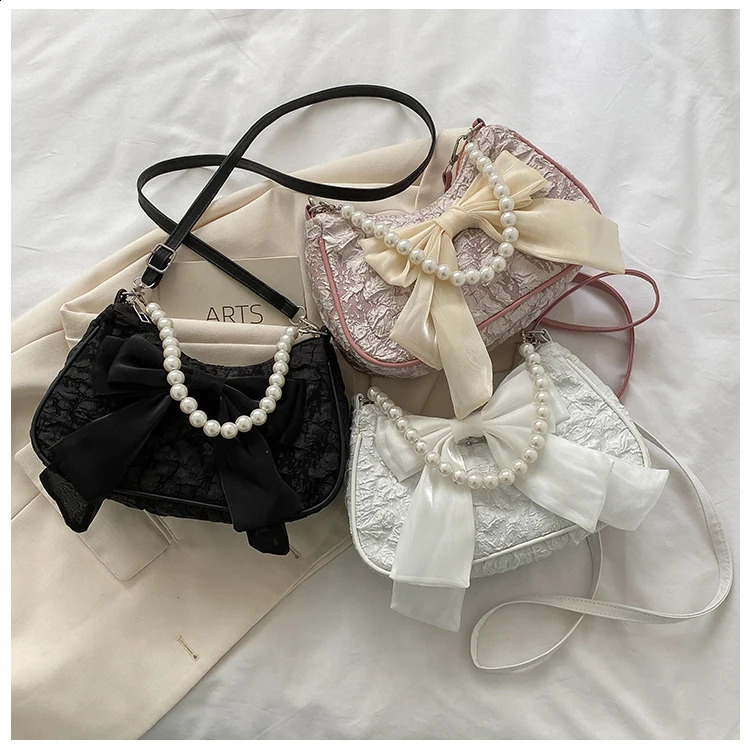 Fashion Pearl Chains Female Shoulder Messenger Bag Sweet Bow Ladies Crossbody Bags Flower Pattern Women Square Handbags 241223