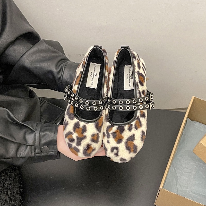 3347F Shoes Winter Cotton For Women Ballerina Cozy Cotton Quality Loafers Warm Plush Moccasins Woman Double Studs Buckle Belt New Fur Flats 2023