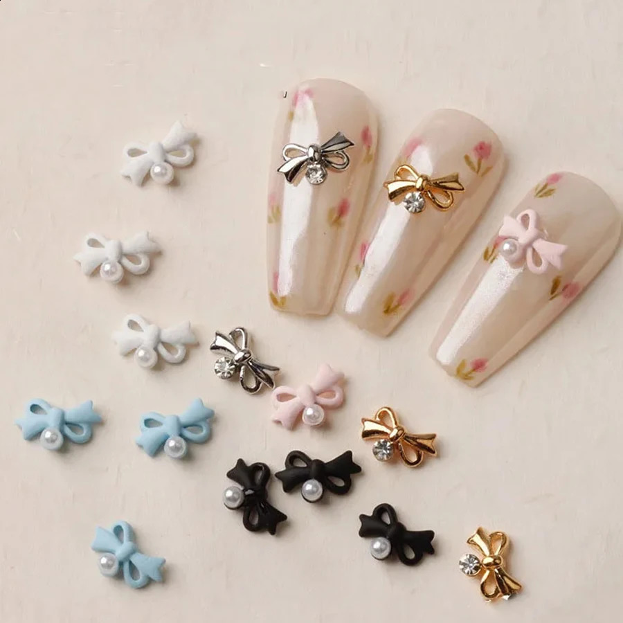 Nail Charms Art Ribbon Parts Gold Silver Bow with Pearls Jewelry DIY Decoration Rhinestones Accessories Manicure Kawaii 241223