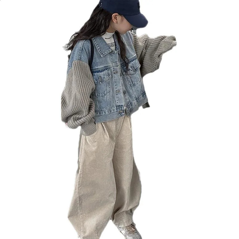 Girls Denim Jackets Childrens Autumn Jackets Boys Medium Large Kids Wool Long Sleeved Clothes Lapel Denim Cardigan Jackets 241223